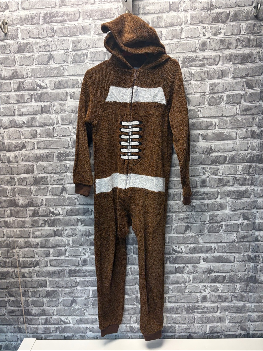 Kids Brown Football Hooded One-Piece Pajamas